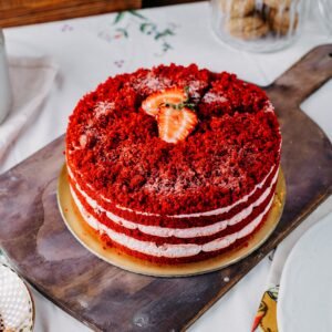 a top view red strawberry cake delicious with tea on the table fruit color cake biscuit sweet